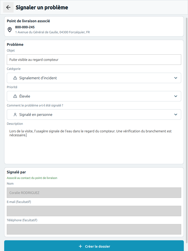 Formulaire WaySense Mobile prérempli pour créer un dossier lié au point de livraison fictif 800-000-245