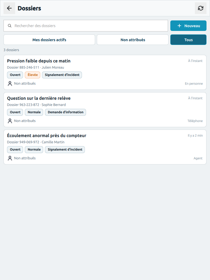 Boîte de réception WaySense Mobile affichant trois dossiers fictifs dans le tenant Demo