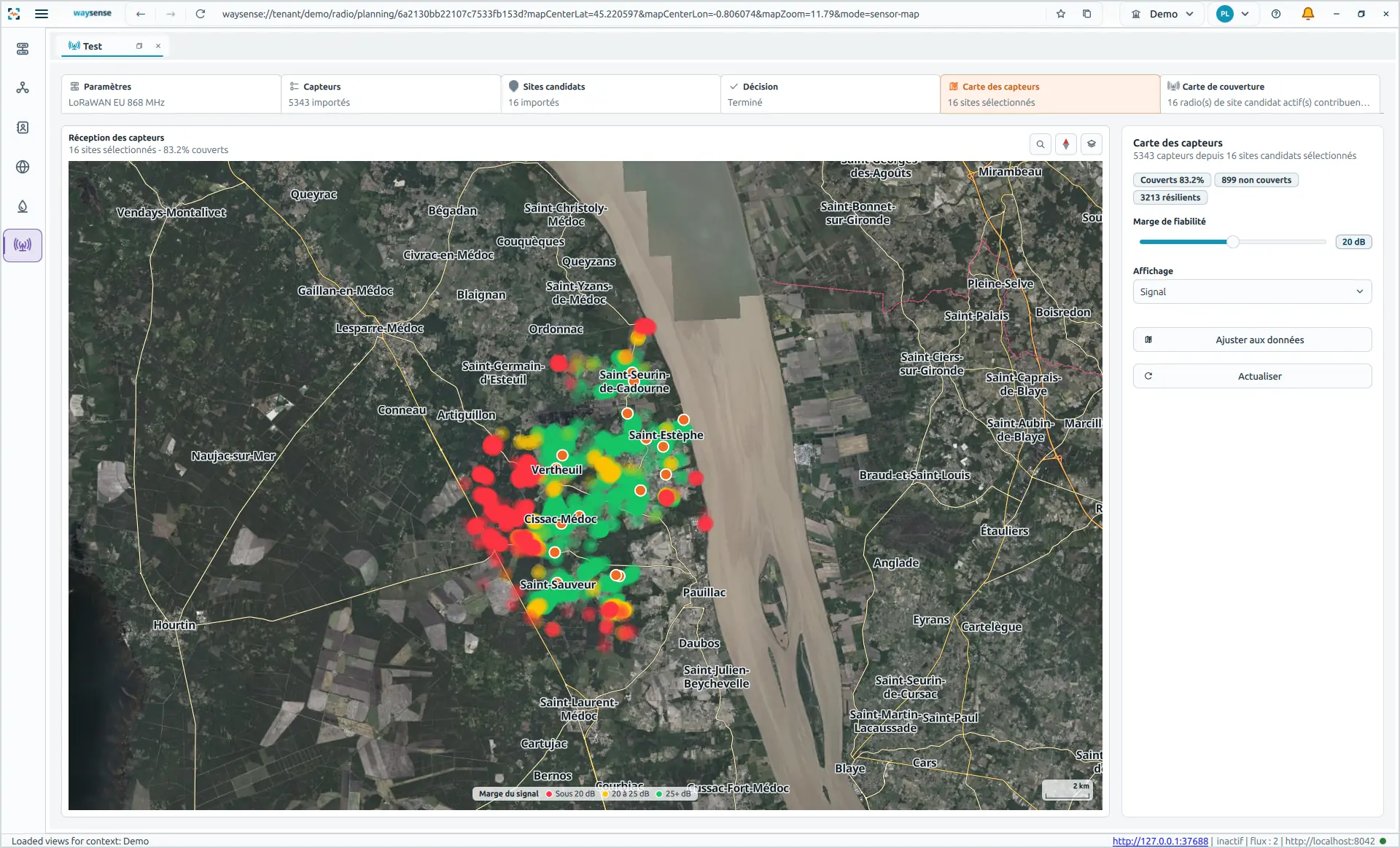 Vue d’ensemble des capteurs sur une carte de planification radio WaySense